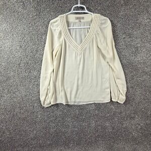 Banana Republic Heritage Cream V-Neck Crochet Trim Pleated Blouse Small